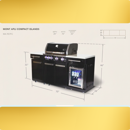 Mont Alpi MA-957FC 70" Black Stainless Steel Outdoor Kitchen Island | 63,000 BTU 4-Burner Grill, Rotisserie & Refrigerator