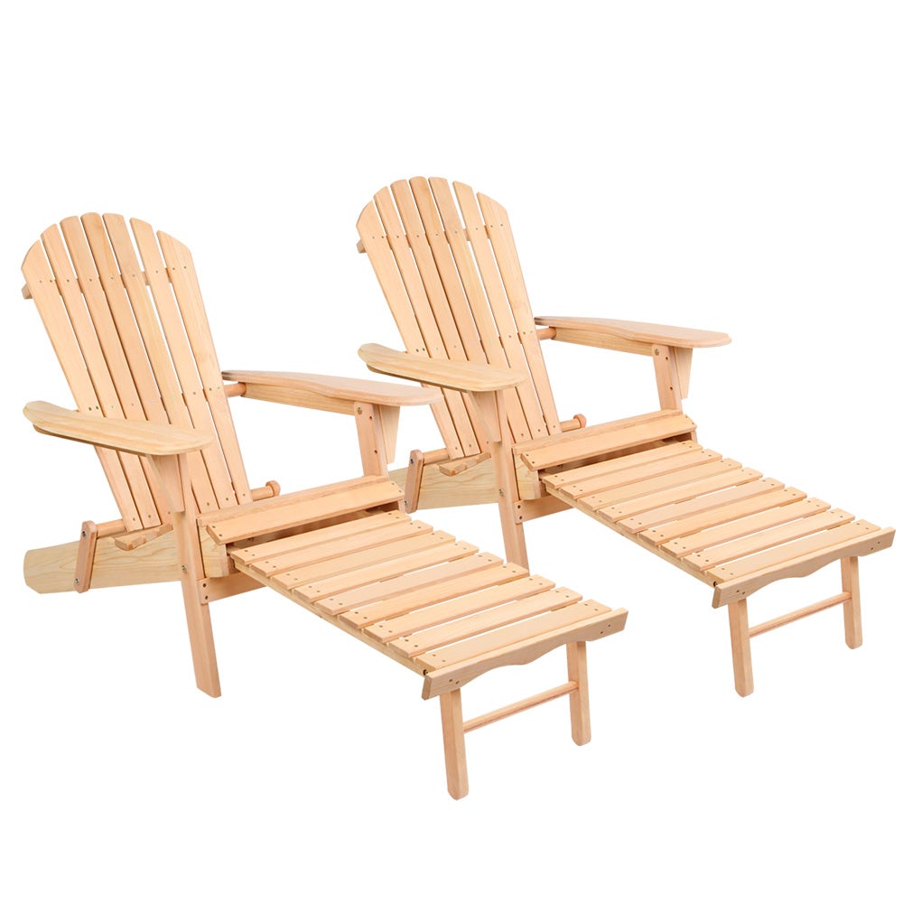 Two wooden Adirondack chairs with ottomans on a white background