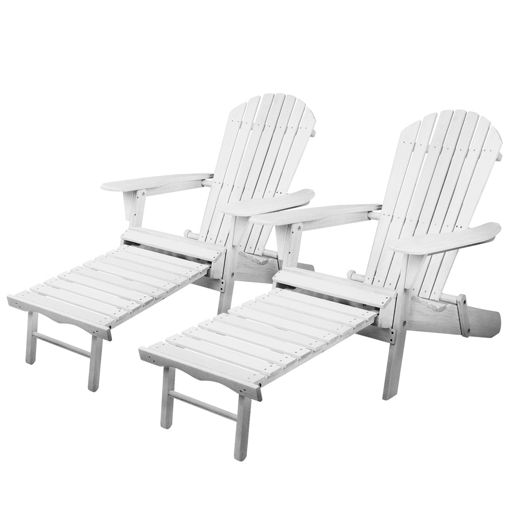 Two white Adirondack chairs with matching ottomans on a white background