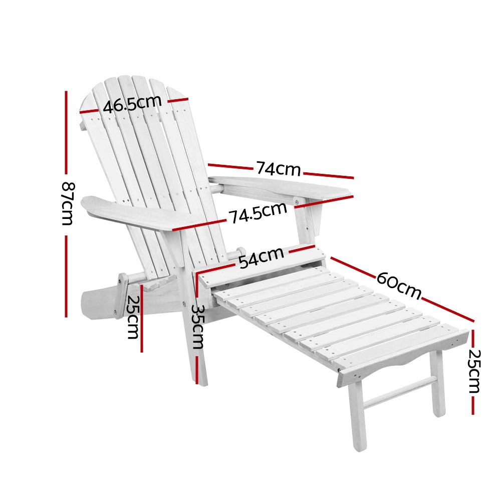 White Adirondack chair with dimensions marked on a white background