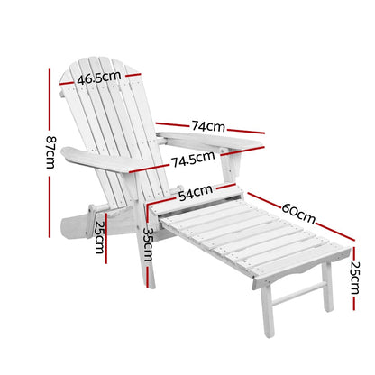 White Adirondack chair with dimensions marked on a white background