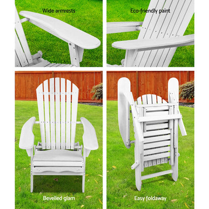 White folding chair with wide armrests, eco-friendly paint, bevelled glam design, and easy foldaway feature on a grassy background.