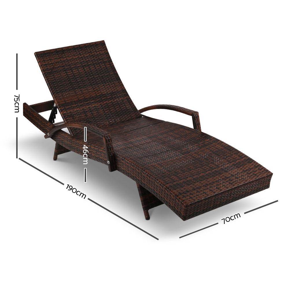 Brown wicker lounge chair with dimensions on a white background