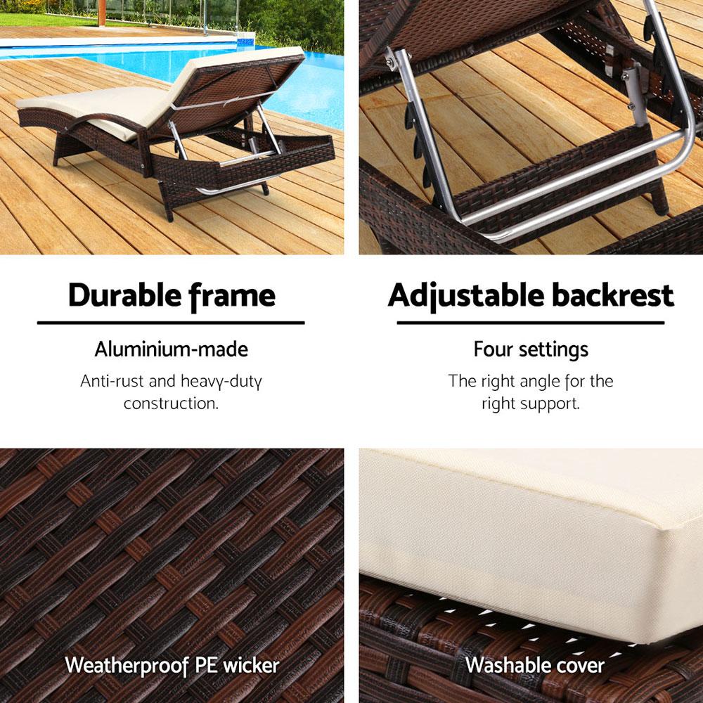 Outdoor lounge chair with features highlighted on a wooden deck.