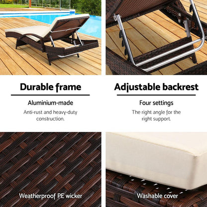 Outdoor lounge chair with features highlighted on a wooden deck.