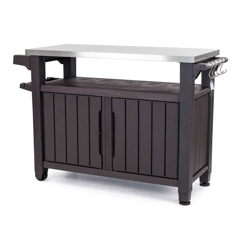 Outdoor kitchen island with a metal countertop on a white background