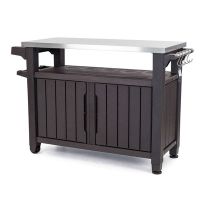 Outdoor kitchen island with a metal countertop on a white background