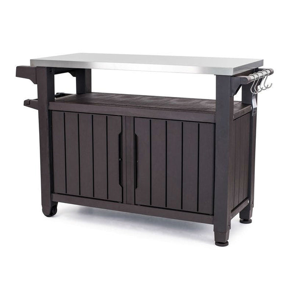 Outdoor Bar Serving Cart with Storage | Stainless Steel Top, Casters & Adjustable Legs | Dark Brown
