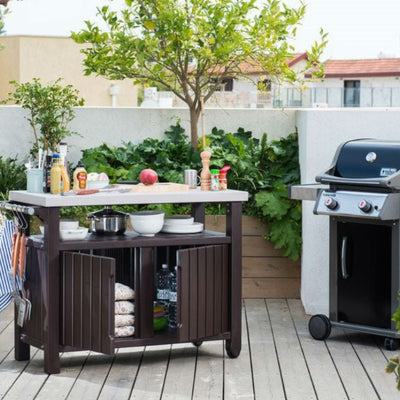 Outdoor Bar Serving Cart with Storage | Stainless Steel Top, Casters & Adjustable Legs | Dark Brown
