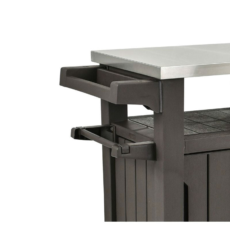 Outdoor Bar Serving Cart with Storage | Stainless Steel Top, Casters & Adjustable Legs | Dark Brown