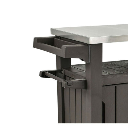 Outdoor Bar Serving Cart with Storage | Stainless Steel Top, Casters & Adjustable Legs | Dark Brown