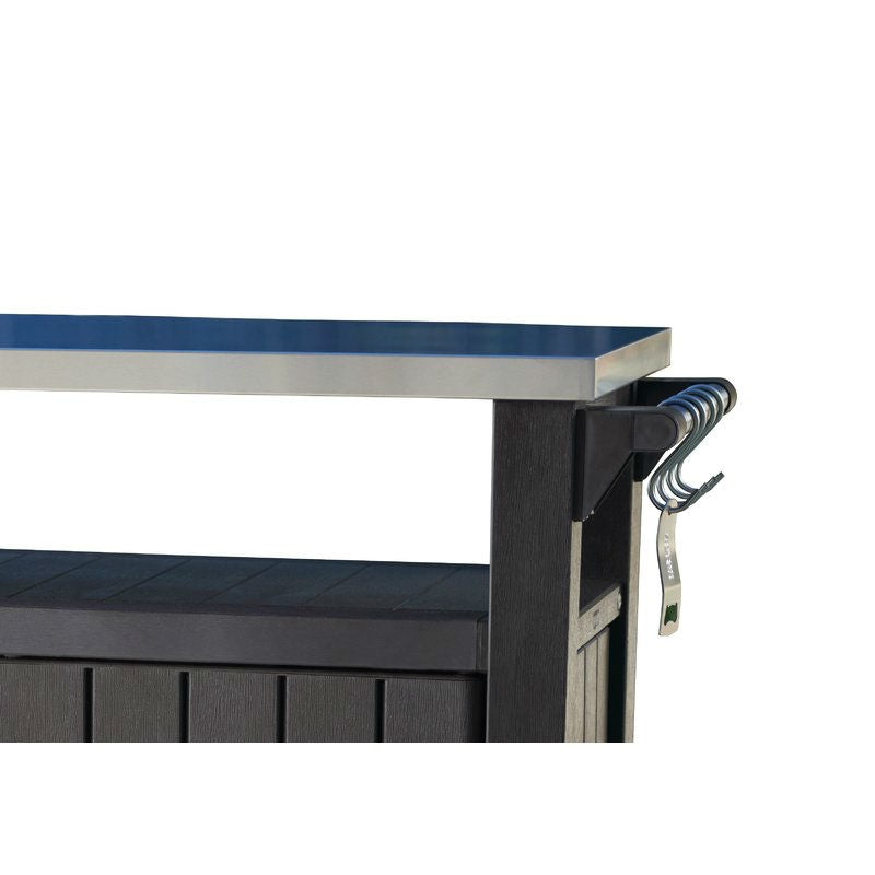 Outdoor storage bench with blue top and black sides on a white background
