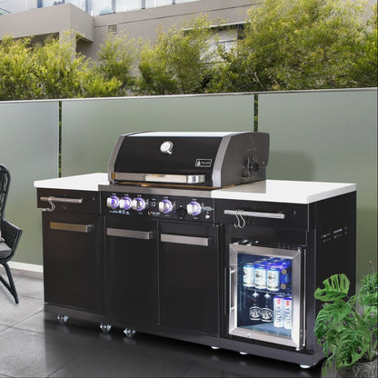 Premium 70" Black Stainless Steel Outdoor Kitchen Island with Refrigerator + 32"W 4-Burner BBQ Grill with Rear Burner