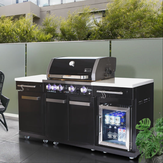 Premium 70" Black Stainless Steel Outdoor Kitchen Island with Refrigerator + 32"W 4-Burner BBQ Grill with Rear Burner