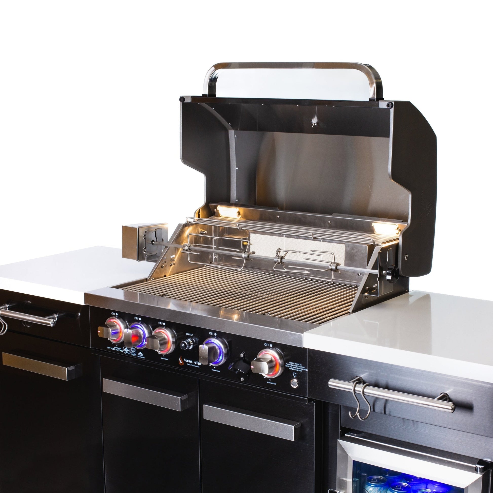 Premium 70" Black Stainless Steel Outdoor Kitchen Island with Refrigerator + 32"W 4-Burner BBQ Grill with Rear Burner