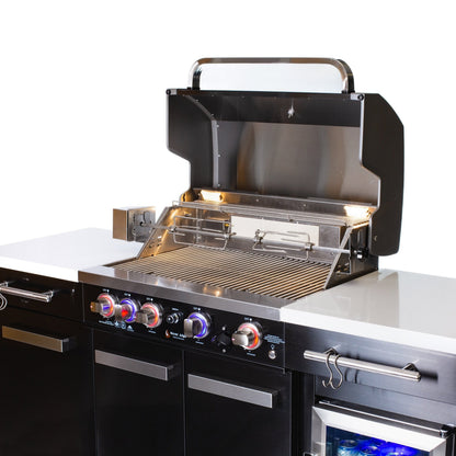 Premium 70" Black Stainless Steel Outdoor Kitchen Island with Refrigerator + 32"W 4-Burner BBQ Grill with Rear Burner