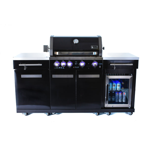 Mont Alpi MA-957FC 70" Black Stainless Steel Outdoor Kitchen Island | 63,000 BTU 4-Burner Grill, Rotisserie & Refrigerator