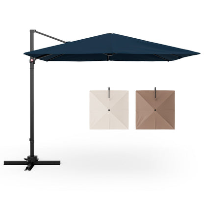 Navy blue cantilever umbrella with beige covers on a white background