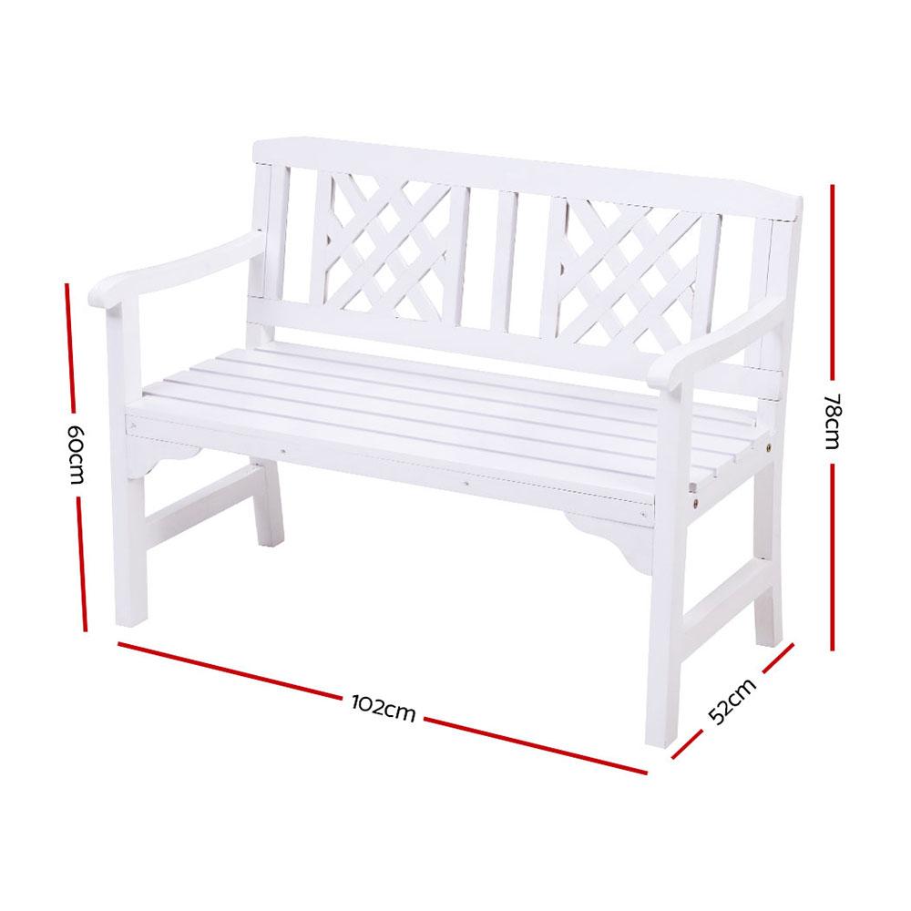 White wooden bench with dimensions indicated on a white background