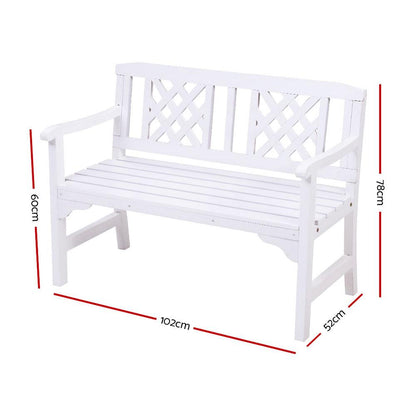 White wooden bench with dimensions indicated on a white background