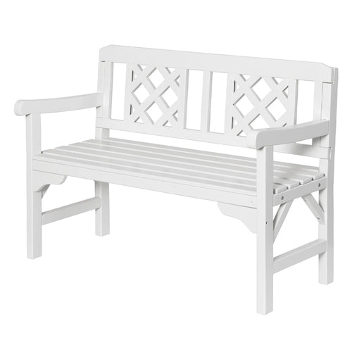 White garden bench with decorative backrest on a white background