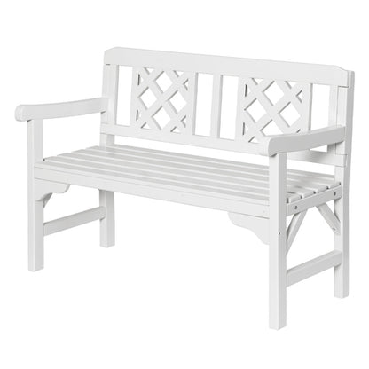 White garden bench with decorative backrest on a white background