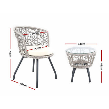 Wicker chair and table with dimensions on a white background