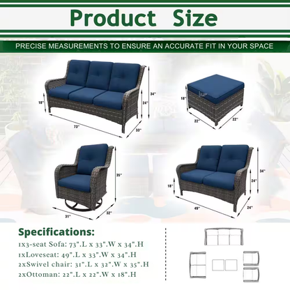 Outdoor furniture set with dimensions and specifications on a white background
