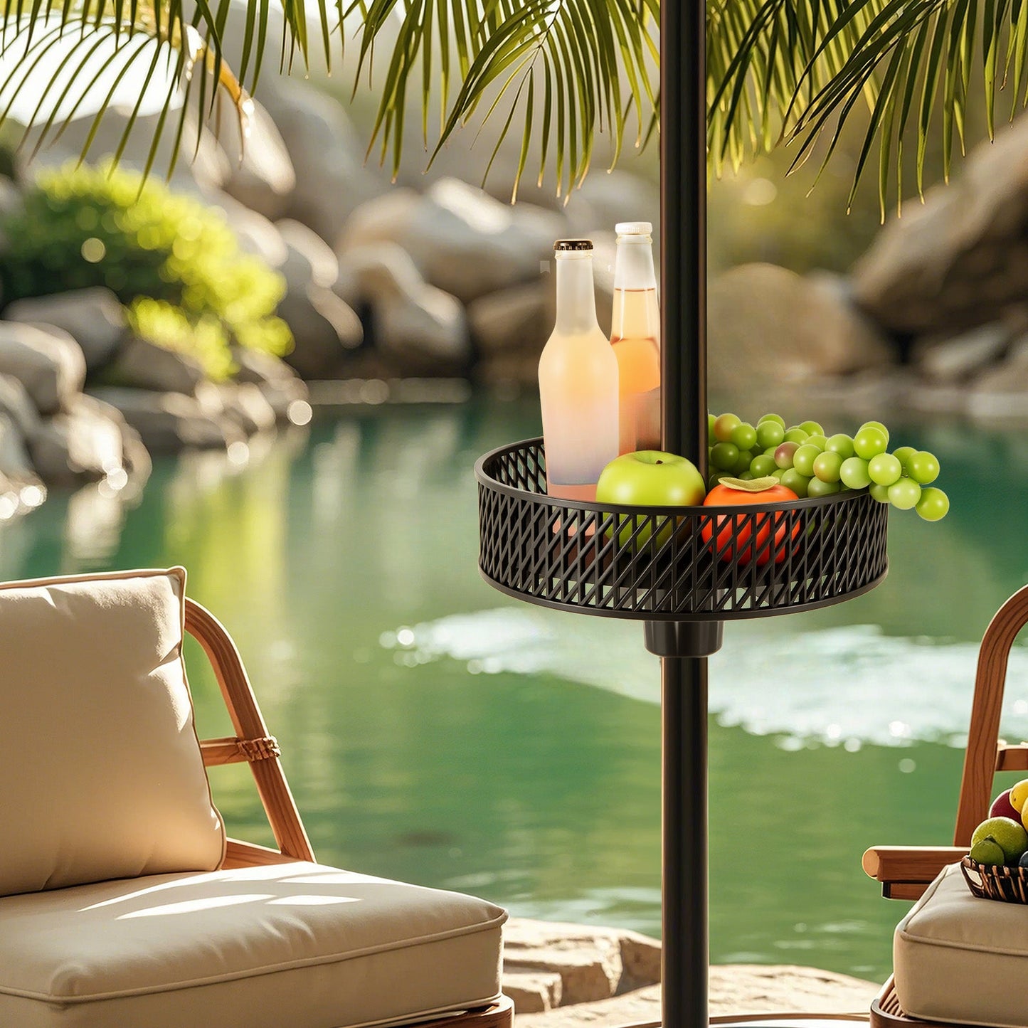 Outdoor setting with a small table by a poolside, featuring bottles and fruits.