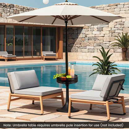 Outdoor patio set with umbrella, chairs, and table by a poolside.