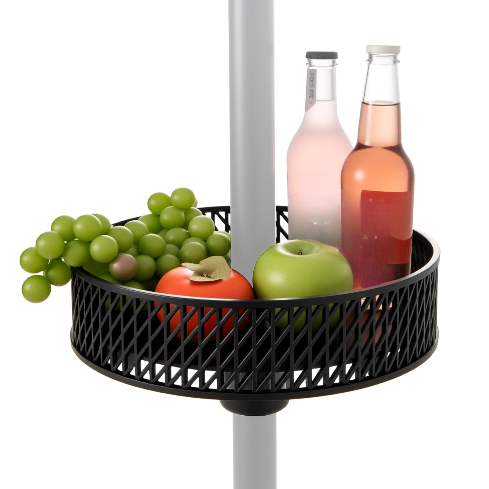 Black metal tray with fruits and drinks on a white background