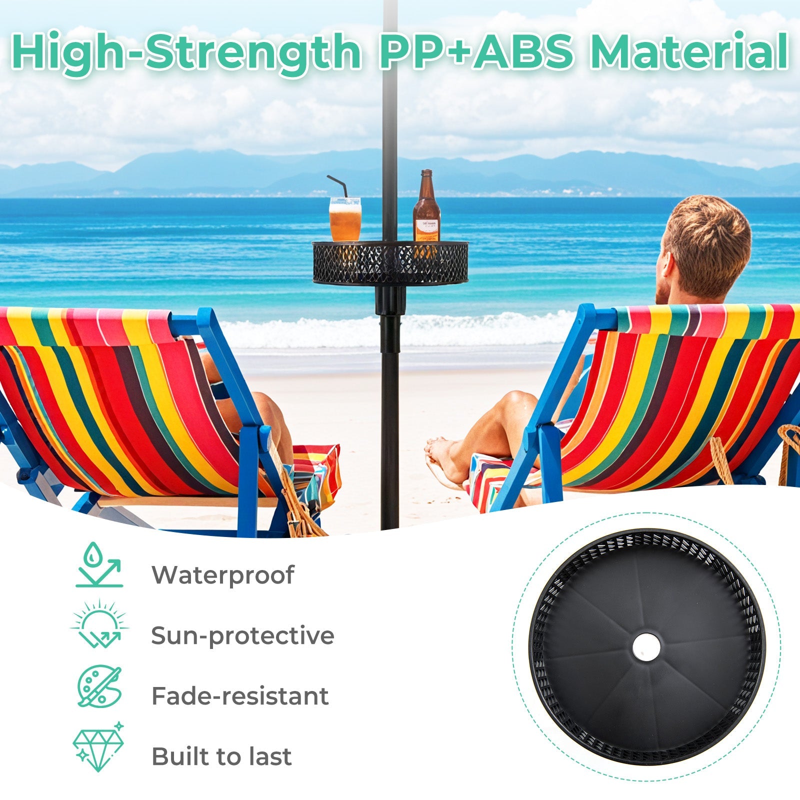 Beach scene with colorful lounge chairs, a table, and a person enjoying the view with text highlighting material properties.