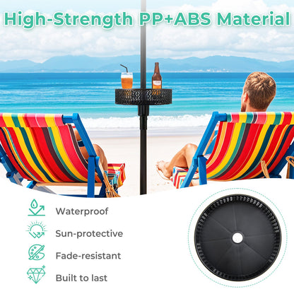 Beach scene with colorful lounge chairs, a table, and a person enjoying the view with text highlighting material properties.