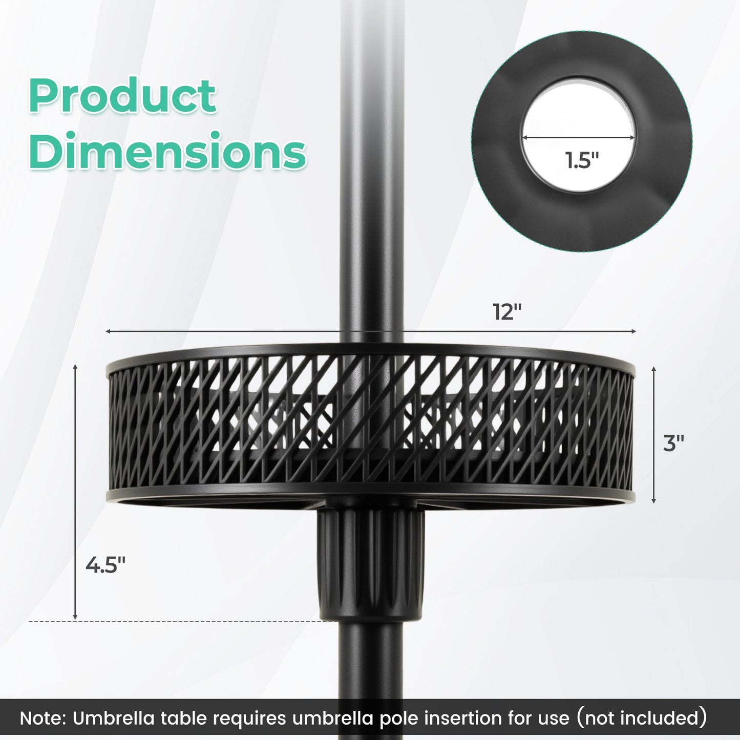 Black umbrella base with dimensions labeled on a white background
