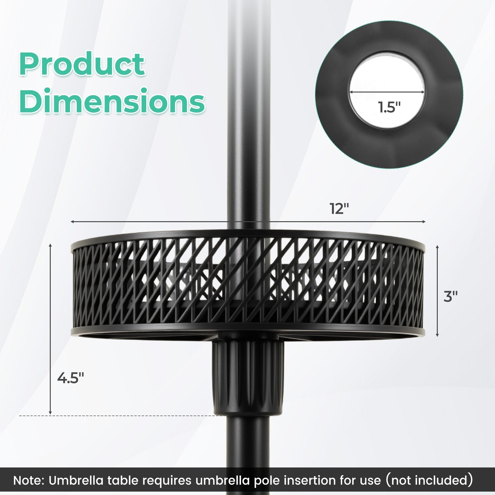 Black umbrella base with dimensions labeled on a white background
