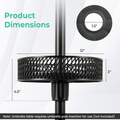 Black umbrella base with dimensions labeled on a white background