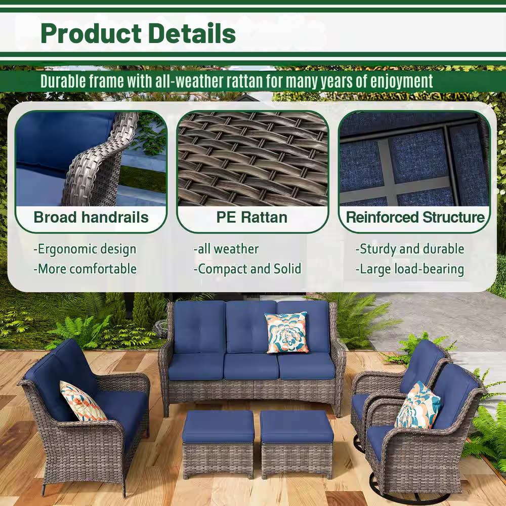 Outdoor furniture set with blue cushions and handrails, featuring PE rattan material.