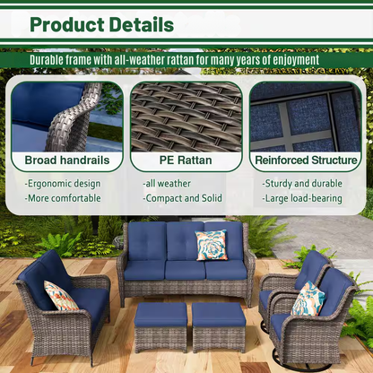 Outdoor furniture set with blue cushions and handrails, featuring PE rattan material.