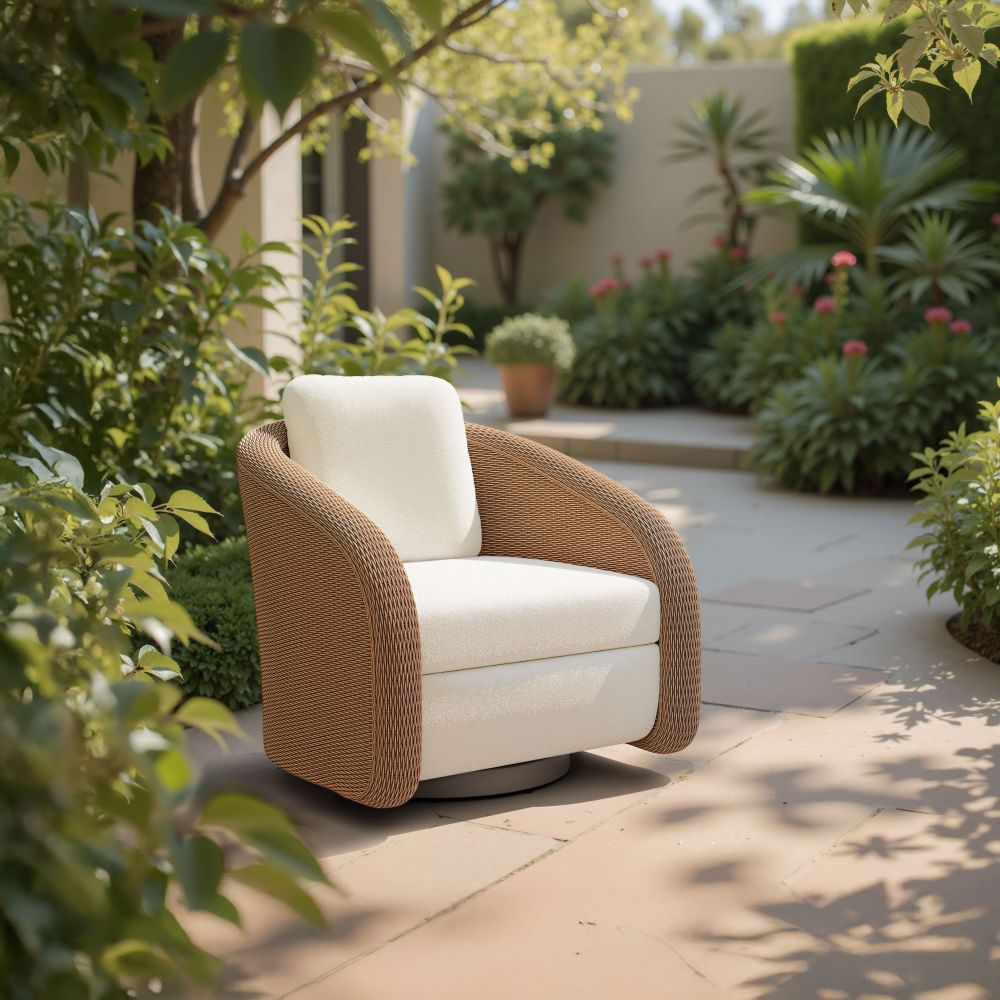 Zuo Modern Solara Swivel Outdoor Accent Chair | Olefin Fabric & Rattan | Ivory