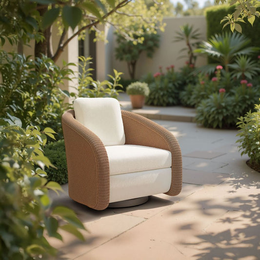 Zuo Modern Solara Swivel Outdoor Accent Chair | Olefin Fabric & Rattan | Ivory