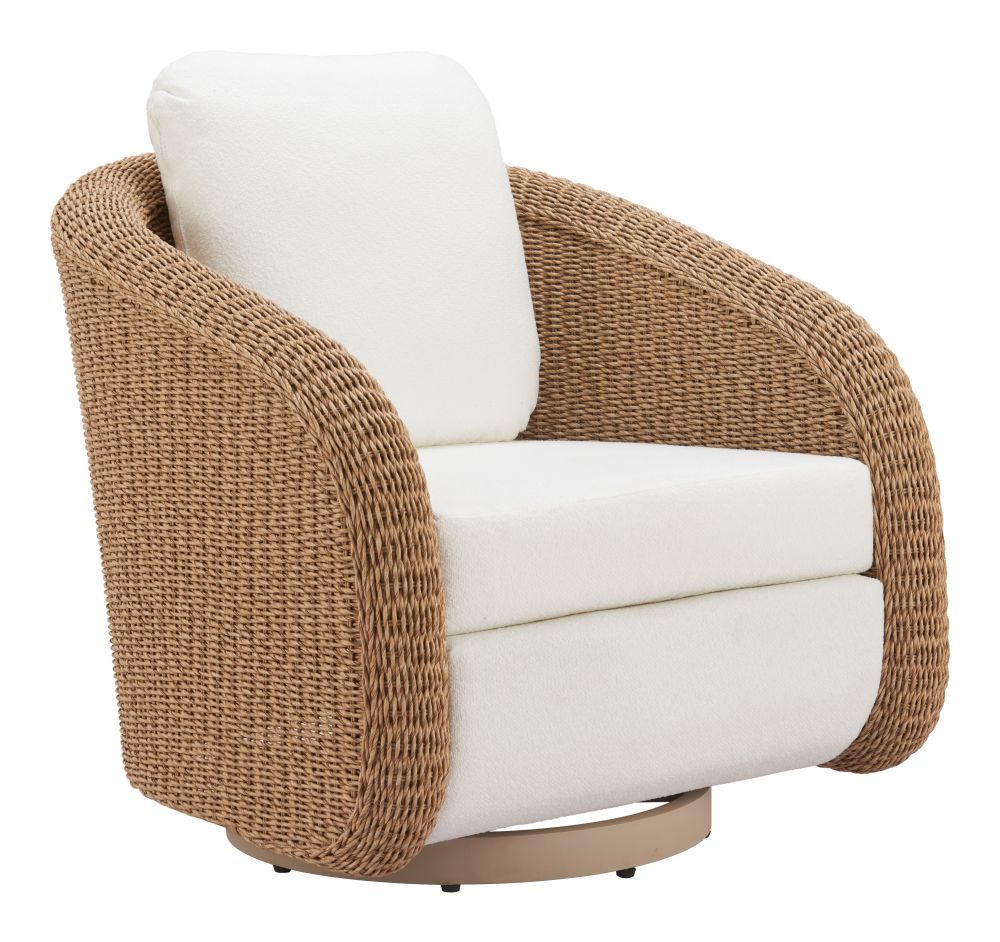 Zuo Modern Solara Swivel Outdoor Accent Chair | Olefin Fabric & Rattan | Ivory