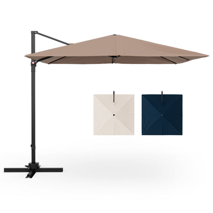 Beige patio umbrella with a stand on a white background