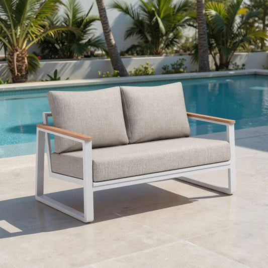 LOOMLAN Welt Outdoor Sofa | Olefin Fabric & Aluminum | Taupe & White