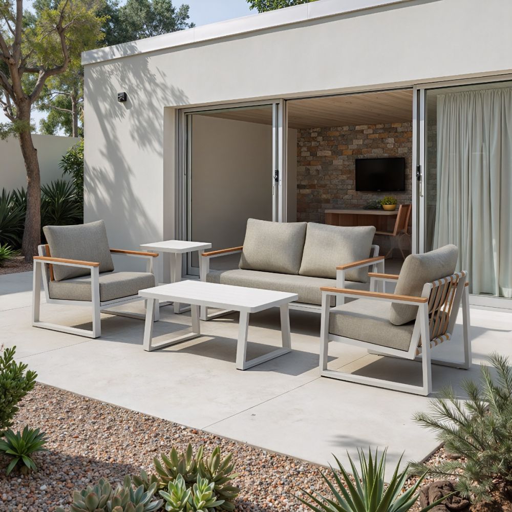 LOOMLAN Welt Outdoor Sofa | Olefin Fabric & Aluminum | Taupe & White