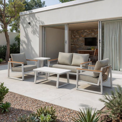 LOOMLAN Welt Outdoor Sofa | Olefin Fabric & Aluminum | Taupe & White