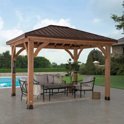 Barrington 12' X 10' Cedar Wood Outdoor Patio Gazebo with Hardtop Galvanized Steel Hip Roof and Powerport