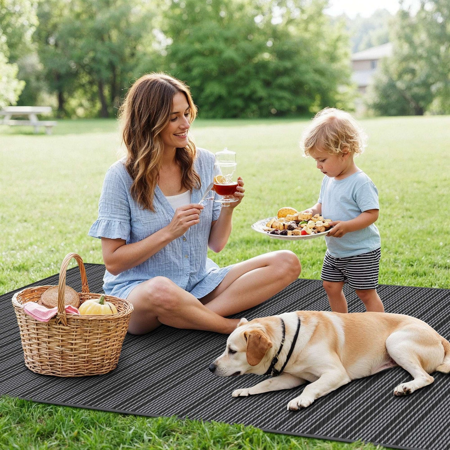 8'X 10' Outdoor Waterproof Rug Camping Mat Patio Carpet,Black&Gray