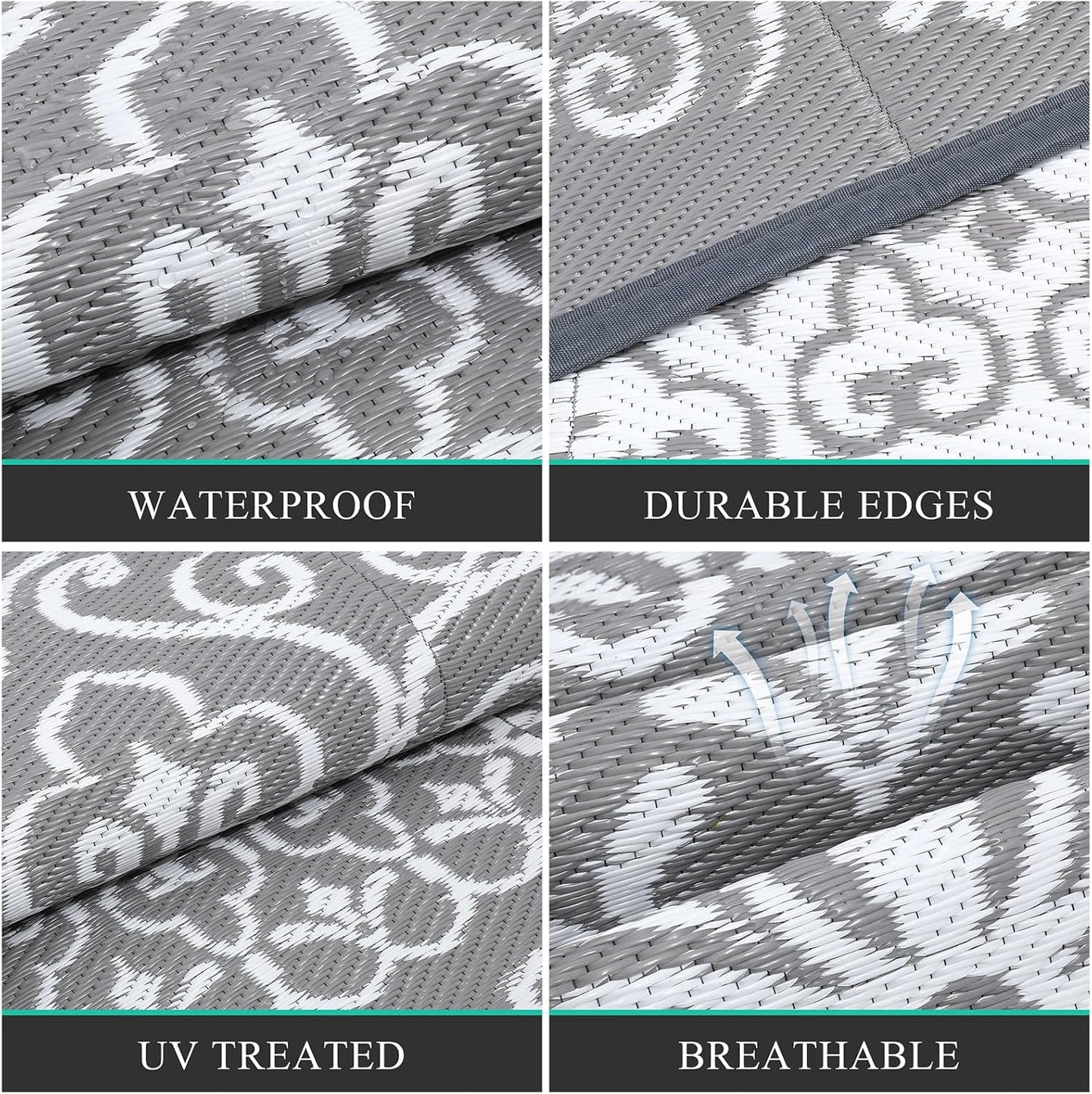 6'X9' Gray Outdoor Rug Patio Rug Waterproof RV Outdoor Rug Camping Rugs Reversible Plastic Straw Rug Large Outdoor Mat for Camping, Balcony Apartment, Patio, Porch, Picnic, Beach