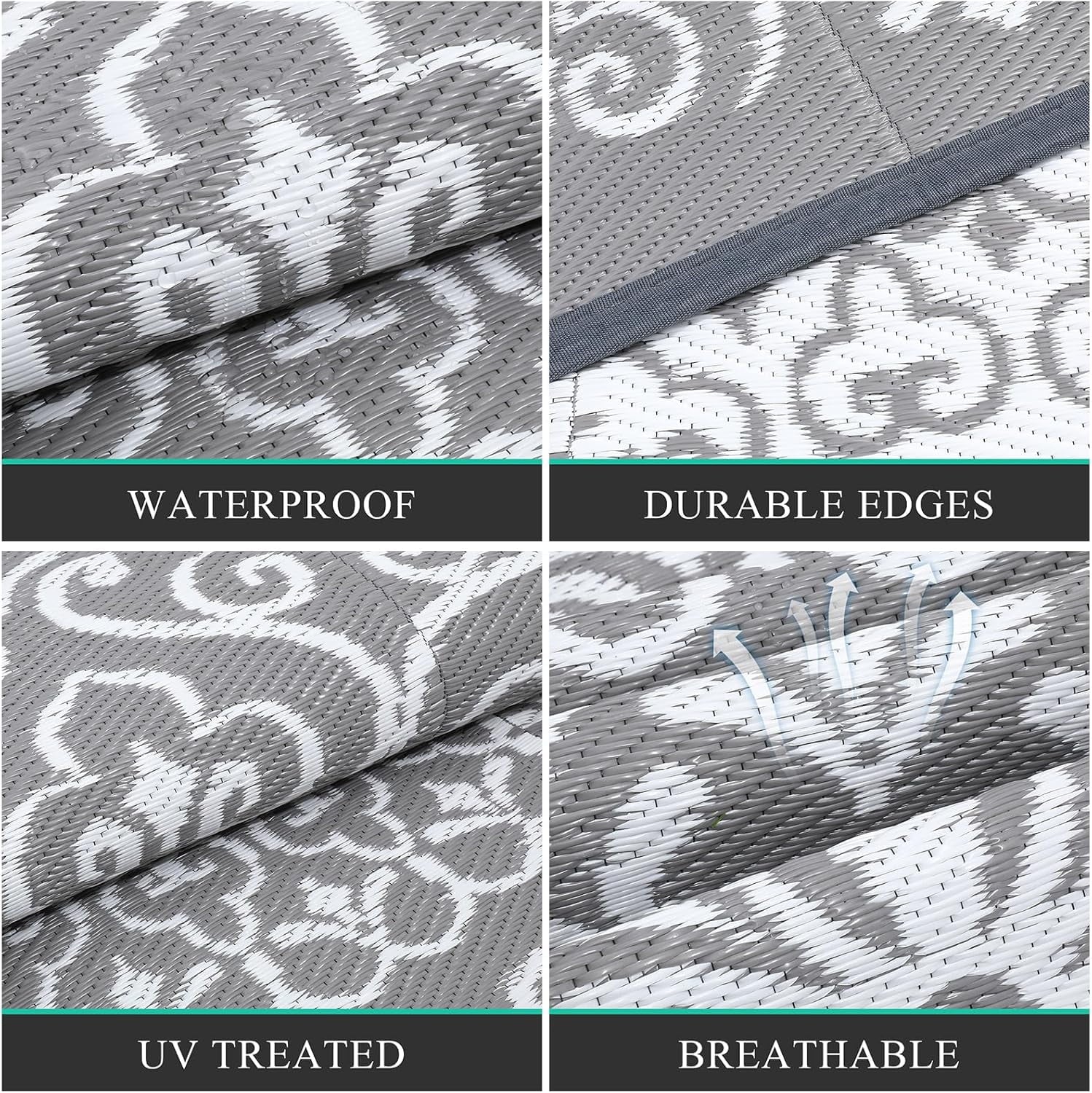 6'X9' Gray Outdoor Rug Patio Rug Waterproof RV Outdoor Rug Camping Rugs Reversible Plastic Straw Rug Large Outdoor Mat for Camping, Balcony Apartment, Patio, Porch, Picnic, Beach