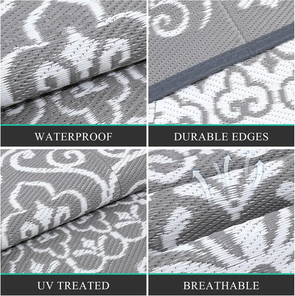 6'X9' Gray Outdoor Rug Patio Rug Waterproof RV Outdoor Rug Camping Rugs Reversible Plastic Straw Rug Large Outdoor Mat for Camping, Balcony Apartment, Patio, Porch, Picnic, Beach